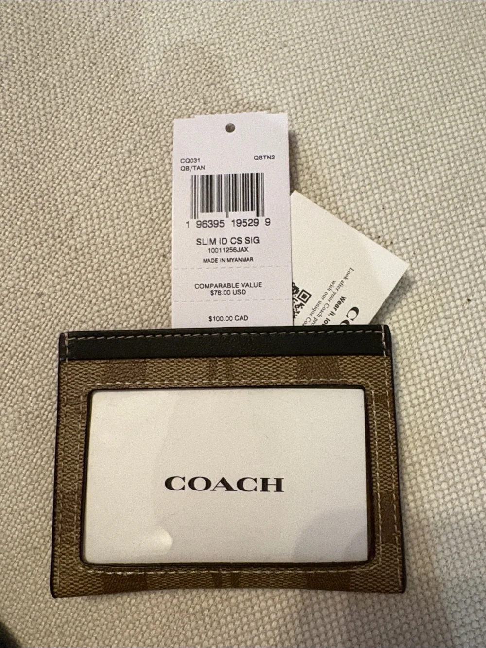 Coach Signature Canvas Card Holder with Brown Leather Top